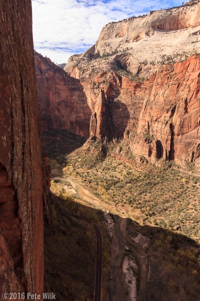 View looking south.  Angles Landing is the formation heading left behind the foreground wall.