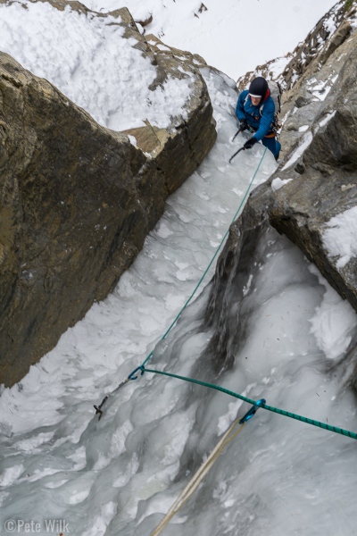 Getting up to the P2 belay.  This pitch, while hooked out, was narrow and balancy.