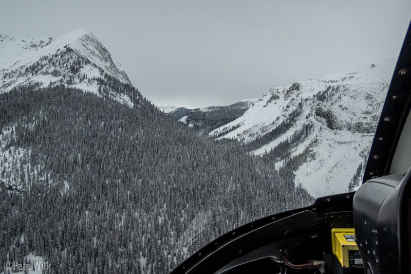 Saturday we hopped on a Bell 407 for our flight into the Kirwan Cabin.  Unfortunately, we got within 0.2 miles of of the cabin and found a wall of wind and turbulence.  This forced us to turn back to Golden.