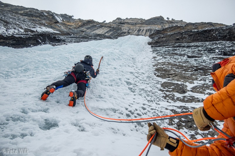 Looking up P2.  The snow on top of the ice made for blue collar climbing, despite the modest angle.