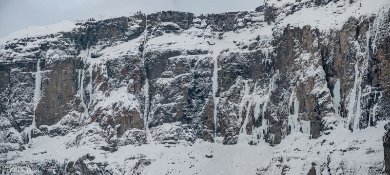 The routes we did later in the week are two on the far right.  Nate and Case did a few pitches of the route in the center with the narrow start.  For reference that route would be around 250m tall.