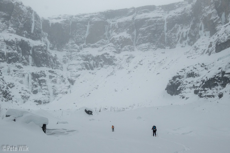 From the cabin to the back of the canyon is about a mile.  Most of the way is easy and mainly flat.  As we climbed the approach slopes we found some firm wind slab in spots and postholing in others.  This made for slow travel at times.