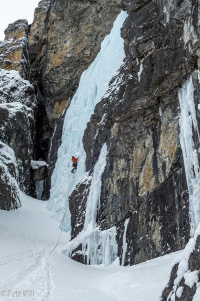 Nate climbing up Ice Palace (WI4+).  Despite the nice color of the ice it was more blue collar climbing.