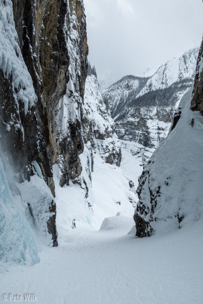 Looking down canyon.  Popsicle Toes (WI4+) just visible.