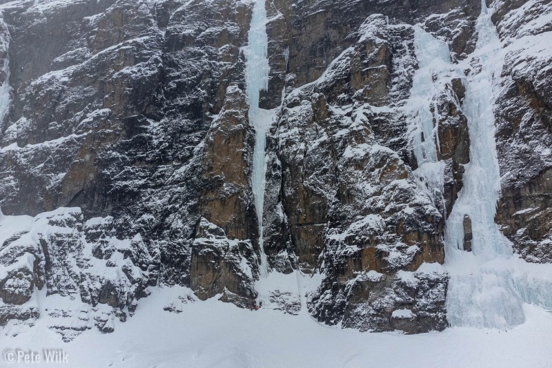 Case and Nate finally get to the base of Fossen Falls (WI5).  They were able to get to the large ledge below the partially broken curtain.