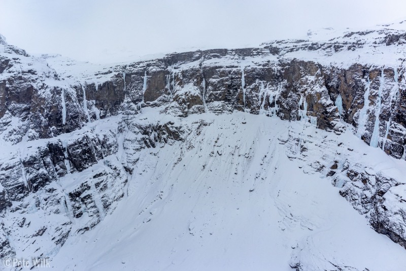 View from the drone at the back of the canyon.  Cerberus Falls is the second route from the left.