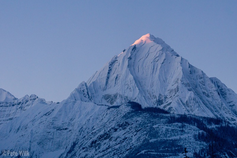 After a couple days of lower clouds we had a clear day which brought a great sunrise on Arras Mountiain.  The rock comprising the mountain is sedimentary, unlike the limestone of Icefall Brook Canyon.