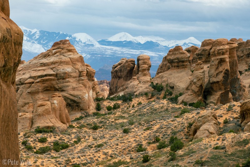 Snowy La Sals Mountains in the distance from Arches NP and the Devil's Garden Trail.