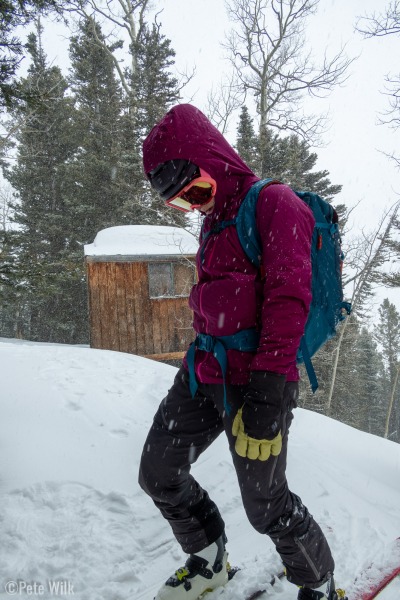 Carly psyching up for our descent.  Conditions were windy and snowy.