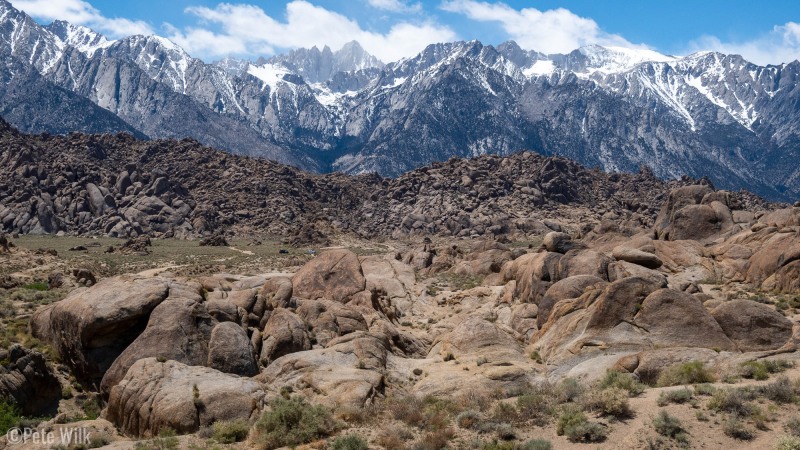 Viewing the layers of the Eastern Sierra.  Whitney is just left of center, the most snow free peak.  Alabama Hills in the foregrounds.