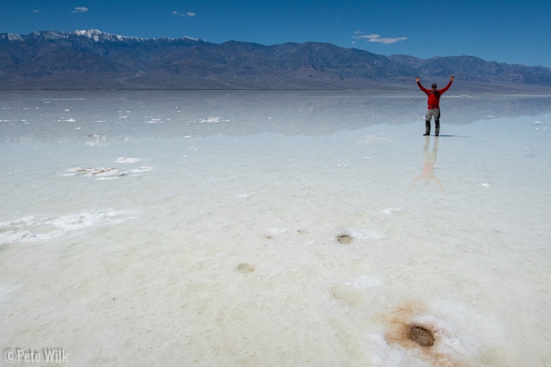 Andreas wading in Lake Manly, 282' below sea level and lowest on the continent.