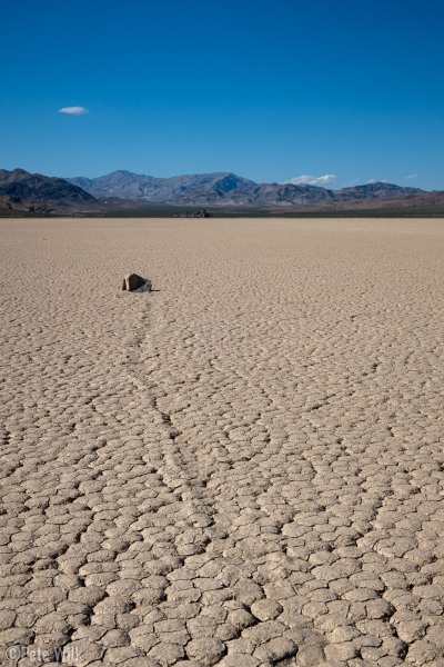 The Racetrack is where stones out on the playa create tracks in the mud.  It was once thought that wind alone caused this when the playa was wet and slick with mud.  However, new research indicates a thin layer of ice forms which captures the rocks in it.  The ice creates a little bouancy for the rocks and then the wind moves the ice+rock combo around.