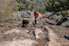 Our planned route got stopped short here.  We attempted to go over Hunter Mtn, but the road was too muddy and Andreas got stuck.  It took about 15 minutes to pull his bike out of the sticky mud.  Coordinates of this point (36.53967, -117.52875).