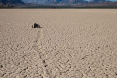 The Racetrack is where stones out on the playa create tracks in the mud.  It was once thought that wind alone caused this when the playa was wet and slick with mud.  However, new research indicates a thin layer of ice forms which captures the rocks in it.  The ice creates a little bouancy for the rocks and then the wind moves the ice+rock combo around.